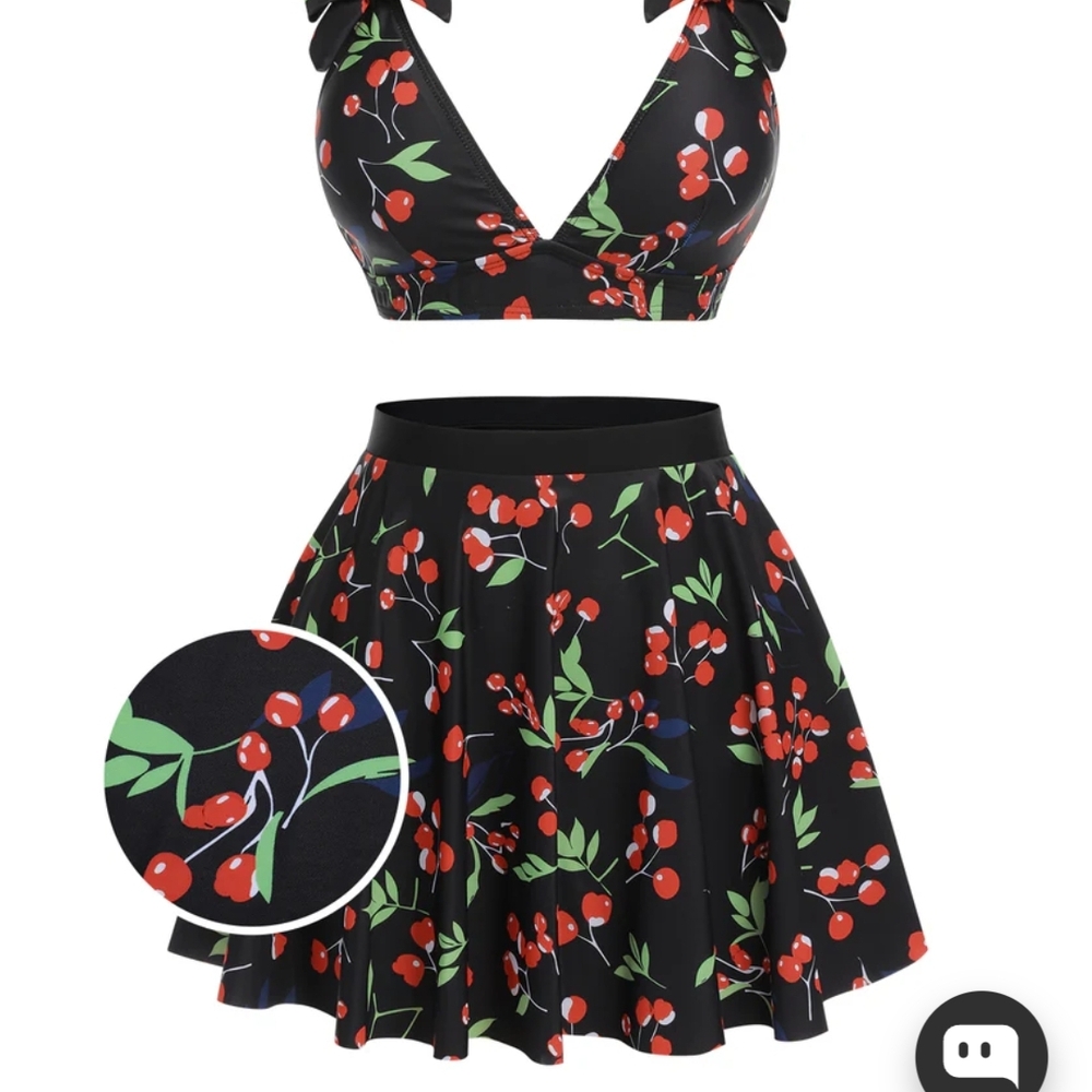 Black Cherry Print Skater Swim Set - Women's Two-Piece